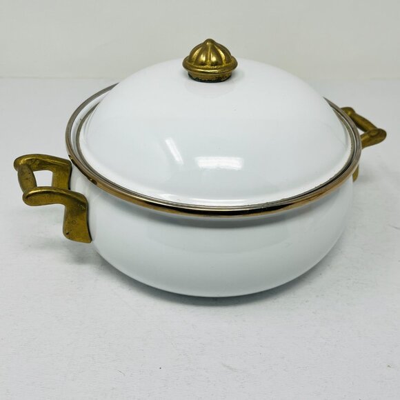 Vintage 1.5qt 6-Cups Bon Chef White Enamelware Pot & Lid w/Brass Handles Serving - Picture 2 of 12